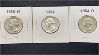 1950-D, 1964-P&D Silver Washington Quarters (3