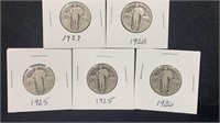 (5) Silver Standing Liberty Quarters