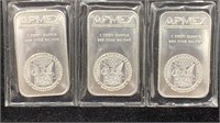 (3) APMEX 1 Troy Oz .999 Silver Bars