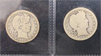 1902-O, 1903 Silver Barber Quarters (2 coins)