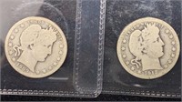 1909-D, 1912 Silver Barber Quarters (2 coins)