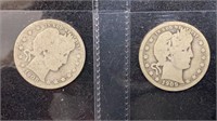 1908-O, 1909 Silver Barber Quarters (2 coins)