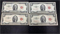 Currency: (4) 1953 $2 Red Seal United States