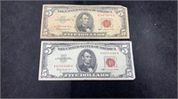 Currency: (2) 1963 $5 Red Seal United States