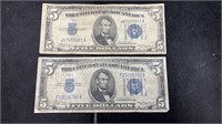 Currency: (2) 1934-A $5 Silver Certificate Notes