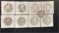 (9) Silver Standing Liberty Quarters