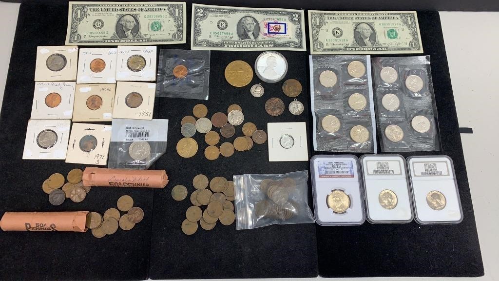 US Coins & Currencies, etc including (3) Slabs,