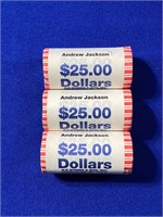 Group of (3) $25 Rolled Coins - Andrew Jackson