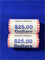 Group of (2) $25 Rolled Coins - Andrew Johnson