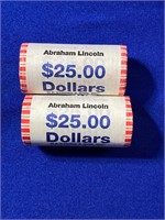 Group of (2) $25 Rolled Coins - Abraham Lincoln