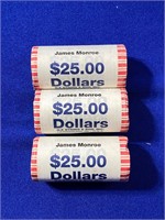 Group of (3) $25 Rolled Coins - James Madison