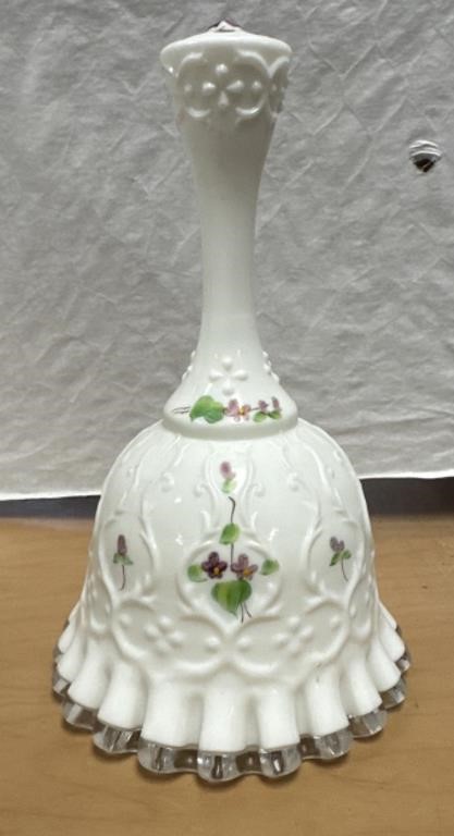 6IN. FENTON VIOLETS IN THE SNOW BELL SPANISH LACE