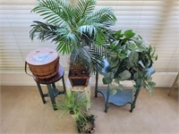 ACCENT TABLES, ARTIFICAL PLANTS, WOODEN BUCKET