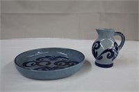 Pottery, sided dish, 9 X 1.5"H and 5" pitcher