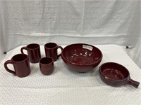 6 pc Bybee pottery, burgundy, mixing bowl, 4 mugs