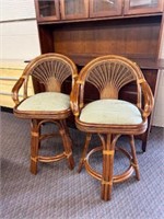 2 bamboo swivel bar stools with upholstered seats