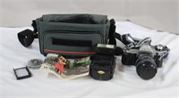 Canon AE-1 with flash in camera bag