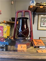 Antique Metal Lantern Ruby Red Globe