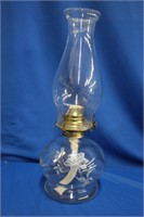 Oil lamp, base has rose overlay, 14.5"H