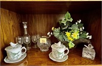 Floral, Decanter Set, Tea Cups & Misc. On Shelf