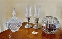 Crystal Candy Dish, Pewter Candle Sticks &