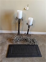 Tin Family Sign, Candle Stands & Swag