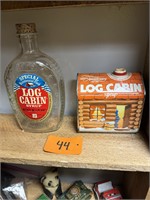 Pair of Vintage Log Cabin Syrup Bottles / Tin