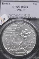 1991 D PCGS MS69 KOREA SILVER DOLLAR