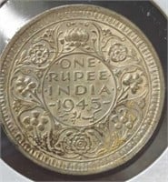 Silver 1945 one rupee WWII Indian coin