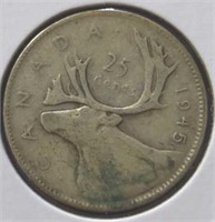 silver 1945 Canadian quarter