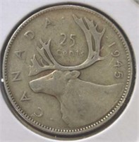 Silver 1945 Canadian quarter