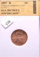 2007 D SGS MS70 SATIN LINCOLN CENT