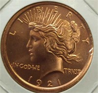 1921 peace dollar 1 oz fine copper coin