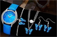 Blue butterfly watch and jewelry set