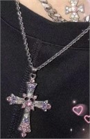 Crystal Pink Zircon Cross Pendant Necklace