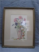 Vintage Framed Picture Of Flowers In Vases