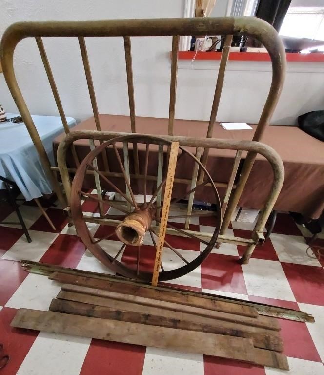 Antique iron wagon wheel + bed & rails slats