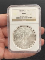 NGC 1986 MS69 Graded American Eagle Silver Dollar