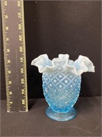 Vintage Fenton Blue Hobnail Ruffled Vase