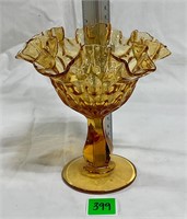 Vtg Fenton Amber Ruffled Thumbprint Vase