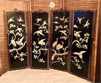 4 Asian Inspired Wooden Panels with Bird Motif