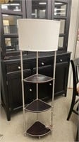 Modern floor lamp with 3 wooden shelves & silver