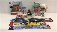 Toy lot: 3 new kites, Frogger tv game, two dolls