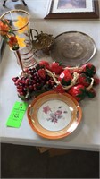 Teal soap dish, fake fruit , plate etc