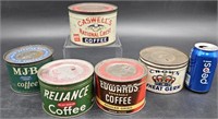 5 Vintage Tin Coffee Cans - Caswell, Edwards +