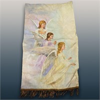 Vintage Hand Painted Silk Tapestry With Three Ange