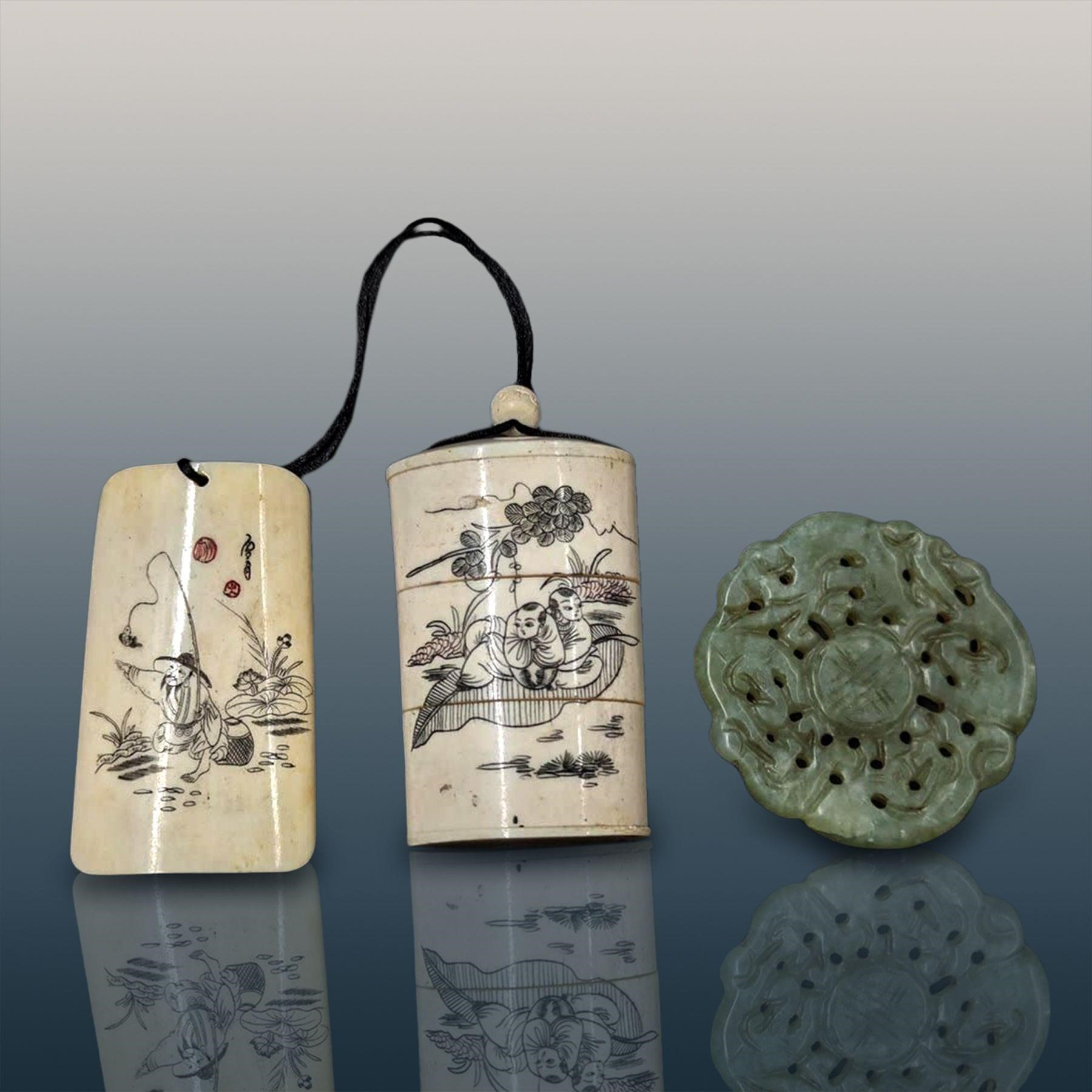 Chinese Carved Jade Pendant And Chinese Carved Bon
