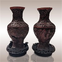 Pair Of Antique Chinese Cinnabar Vases With Wooden