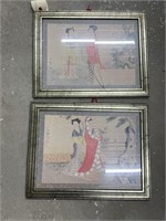 2 Oriental Framed Prints Under Glass (1 Glass Crac
