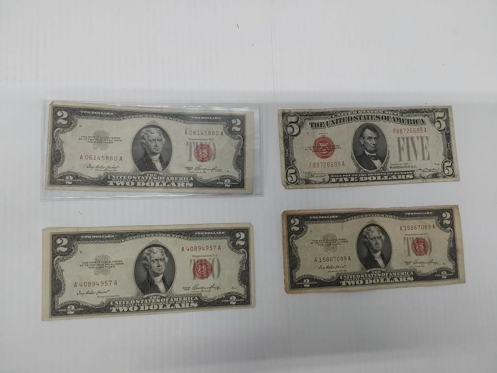 flat of (3) $2.00 red seal notes and (1) $5.00
